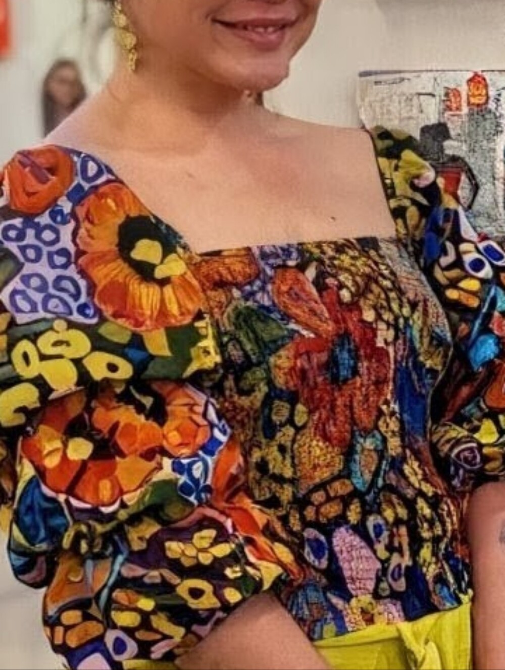 Live 4 Truth Smocked Off Shoulder Puff Sleeve Abstract Floral Top Small